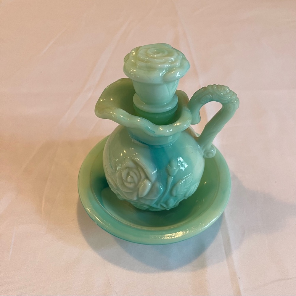 Vintage Avon Bath Oil Decanter Jadeite Blue Green Slag Milk Glass Embossed Rose